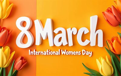 4k, International Womens Day, minimalism, orange tulips, Happy March 8th, 3D art, Happy Womens Day, orange backgrounds, 8 March Template, 8 March Greeting Card, 8 March