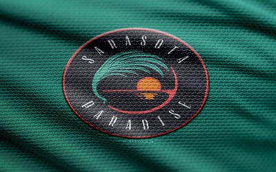 Sarasota Paradise fabric logo, 4k, turquoise fabric background, USL League One, bokeh, soccer, Sarasota Paradise logo, football, Sarasota Paradise emblem, american soccer club, Sarasota Paradise FC