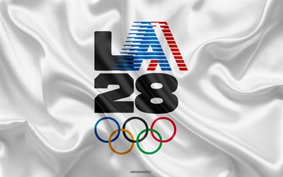 logo des jeux olympiques d'été de 2028, 4k, fond de soie blanche, la28, los angeles 2028, jeux de la xxxive olympiade, logo la28, jeux olympiques d'été, panneau des jeux olympiques d'été de 2028, los angeles, usa