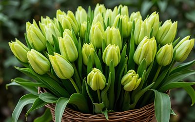 riesiger strauß grüner tulpen, 4k, grüne tulpen in einem korb, frühlingsstrauß, frühlingsblumen, tulpen, strauß grüner tulpen, schöner blumenstrauß, grüne tulpen