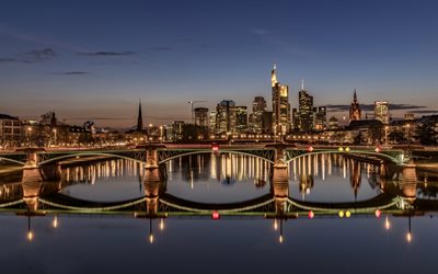 Frankfurt am Main, köprü, nehir, yansıma, Almanya