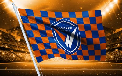 4k, v  바렌 나가사키 로고, 일본 축구 클럽, 경기장 깃발, v varen nagasaki 팬 깃발, 오렌지 블루 깃발, 카시마 뿔 엠블럼, j2 리그, 일본, 축구, v  바렌 나가사키