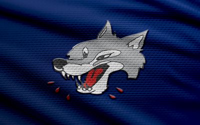 Sudbury Wolves fabric logo, 4k, blue fabric background, OHL, bokeh, hockey, Sudbury Wolves logo, Sudbury Wolves emblem, canadian hockey club, Sudbury Wolves