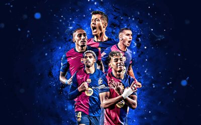 FC Barcelona, 4K, La Liga, spanish football club, blue neon lights, FCB, FC Barcelona football players, Ferran Torres, Robert Lewandowski, Lamine Yamal, Raphinha, Ronald Araujo, football, soccer, Barcelona FC, LaLiga, Barcelona
