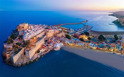 Peniscola, 4k, aerial view, harbor, port, piers, beach, Castellon, Valencia, Spain, Europe, spanish cities, Peniscola panorama, Peniscola cityscapes