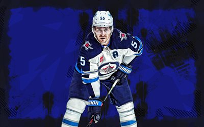 4k, Mark Scheifele, blue grunge background, Winnipeg Jets, NHL, Canadian hockey players, Mark Scheifele 4K, hockey, National Hockey League, Mark Scheifele Winnipeg Jets