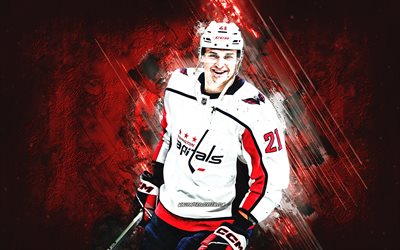 Aliaksei Protas, Washington Capitals, NHL, Belarusian hockey player, red stone background, grunge art, USA, hockey, National Hockey League, Aliaksei Protas Washington Capitals