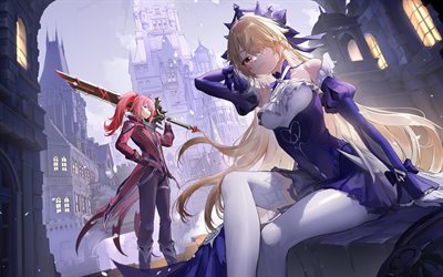 4k, dilucir, fischl, calle, impacto de genshin, personajes de anime, espada, diluc ragnvindr, obra de arte, personajes de impacto genshin, impacto de diluc genshin, fischl genshin impacto