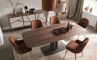 intérieur de salon élégant, style rétro dans les intérieurs, table à manger en bois marron, meubles rétro, salon en style rétro, lustres ronds élégants