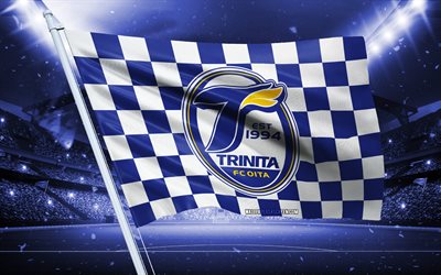 4k, oita trinita 로고, 일본 축구 클럽, 경기장 깃발, oita trinita 팬 깃발, 파란색 깃발, 오이타 트리니타 엠블럼, j2 리그, 일본, 축구, 오이타 트리니 타
