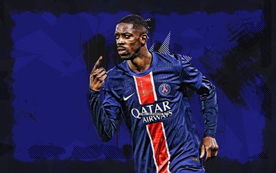 4k, Ousmane Dembele, goal, Paris Saint-Germain, Ligue 1, creative, french footballers, Ousmane Dembele 4K, blue grunge background, football, soccer, PSG, Ousmane Dembele PSG