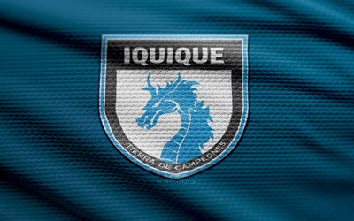 deportes iquique fabric logo, 4k, blauer stoffhintergrund, liga de primera, bokeh, fußball, deportes iquique logo, deportes iquique emblem, deportes iquique, chilenischer fußballverein, deportes iquique fc