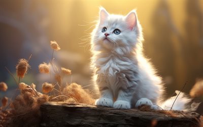 weißes flauschiges kätzchen, süße tiere, haustiere, kleine katzen, kätzchen, abend, weiße kleine flauschige katze