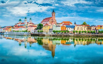 passau, 4k, dreiflussestadt, city of three rivers, vägbank, gamla hus, tyska städer, nedre bayern, tyskland, donau, sommar, passau panorama