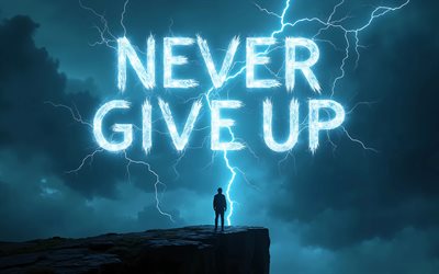 Never Give Up, 4k, mountain top, blue lightings, mountain conquest, motivation, inspiration, popular short quotes, Never Give Up concepts, Never Give Up inspiration, creative, Never Give Up Art