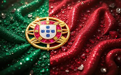 bandiera portoghese, 4k, pietre preziose, bandiera del portogallo, cristalli, pietre lucenti, portogallo, arte creativa, pietre preziose rosse, cristalli rosso verdi