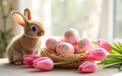 pink Easter eggs with ornaments, 4k, Easter bunny, Happy Easter, Easter concepts, cute bunny, pink Easter eggs, Easter decorations, Easter, pink tulips, spring