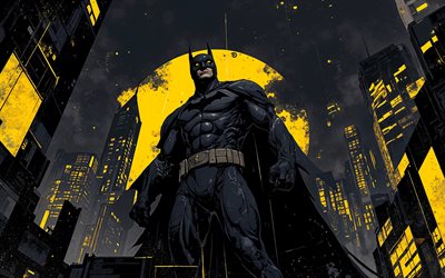 말 당번, 4k, 그런지 도시 풍경, 노란색 그런 지 배경, dc 코믹스, 슈퍼 히어로, 그런지 예술, 배트맨 아트, 팬 아트, 배트맨 4k