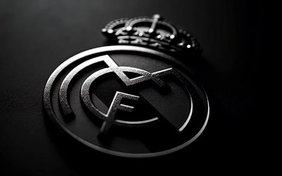 Real Madrid logo, 4k, Real Madrid CF logo, blur, Real Madrid sign, black stylish background, darkness, macro, black Real Madrid logo, black elegant background, Real Madrid CF, Real Madrid, football