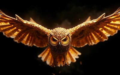 coruja com asas estendidas, 4k, aves de rapina, coruja dourada, gemas de ouro, coruja, fundo preto, predadores, corujas