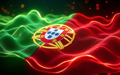 4k, bandiera luminosa del portogallo, onde al neon colorate, bandiera del portogallo, giorno del portogallo, bandiera portoghese, bandiera al neon del portogallo, il neon sventola la bandiera del portogallo, portogallo, bandiera del portogallo 3d, bandiera astratta del portogallo