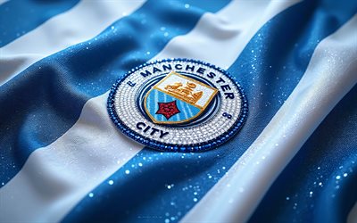 logotipo de tela del manchester city fc, 4k, fondo de seda azul, hombre de la ciudad, logotipo de tela del manchester city, logotipo del manchester city, logotipo del manchester city fc, emblema del manchester city fc, inglaterra, manchester city fc