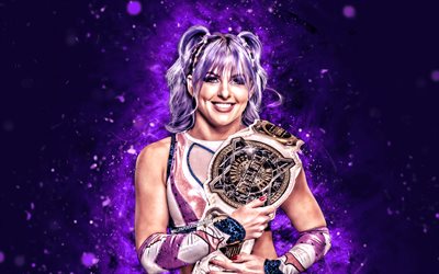 Candice LeRae, 4k, violet neon lights, WWE, creative, american wrestler, Candice LeRae with belt, NXT, violet abstract background, World Wrestling Entertainment, wrestlers, Candice LeRae 4K