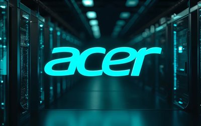 Acer turquoise logo, 4k, darkness, electronics brands, bokeh, datacenter racks, artwork, Acer logo, brands logo, Acer neon logo, Acer, brands