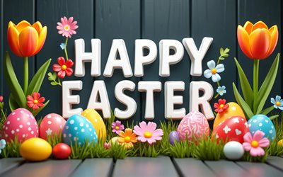 feliz páscoa, 4k, fundo de madeira cinza, ovos de páscoa coloridos, letras 3d brancas, molduras de páscoa, decorações de páscoa, fundos de páscoa, ovos de páscoa, inscrição de feliz páscoa, páscoa