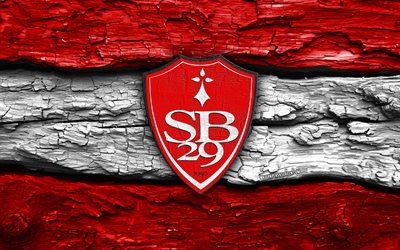 logotipo de madeira do stade brestois 29, 4k, fundo de madeira branco vermelho, liga 1, futebol, logotipo do stade brestois 29, emblema do stade brestois 29, estádio brestois 29, clube de futebol francês, estádio brestois 29 fc