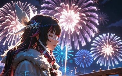 4k, colombina, fuegos artificiales morados, noche, impacto de genshin, personajes de anime, columbina hiposelenia, personajes de impacto de genshin, impacto de columbina genshin