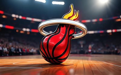 मियामी हीट 3डी लोगो, 4k, बास्केटबॉल स्टेडियम की पृष्ठभूमि, एनबीए, रचनात्मक, बास्केटबाल, मियामी हीट लोगो, मियामी हीट मेटल लोगो, अमेरिकी बास्केटबॉल टीम, मायामी की गर्मी