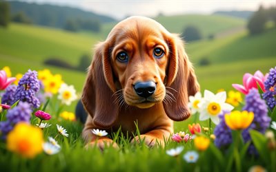 4k, cachorro de basset hound, de cerca, primavera, bokeh, perros, animales lindos, cachorros, mascotas, perro de afloramiento, flores de primavera, cachorro en el césped, perro basset hound