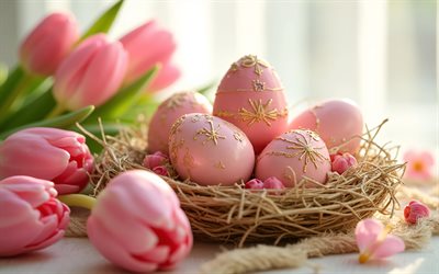 Pink Easter eggs with ornaments, 4k, eggs with gold ornaments, Happy Easter, Easter concepts, pink Easter eggs, Easter decorations, Easter, pink tulips, spring