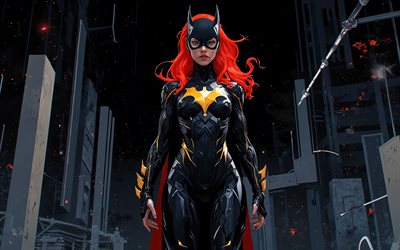 배트걸, 4k, 검은 추상적 인 배경, 창의적인, 슈퍼 히어로, 마블 코믹스, 삽화, 배트걸 아트, 팬 아트, 배트걸 4k