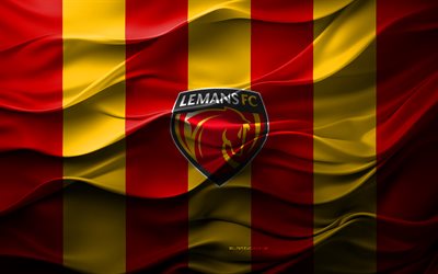 4k, Le Mans FC logo, red yellow 3D background, Le Mans FC emblem, Ligue 2, French football team, Le Mans FC flag, 3D texture, Le Mans FC, football, France