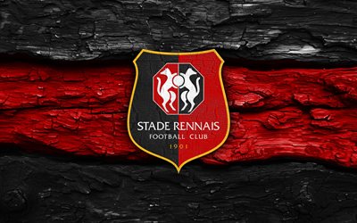 Stade Rennais FC wooden logo, 4k, black red wooden background, Ligue 1, soccer, Stade Rennais FC logo, football, Stade Rennais FC emblem, Stade Rennais FC, french football club, Stade Rennais