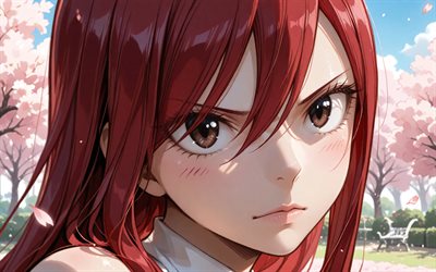 4k, erza escarlata, primavera, parque, flor de cerezo, cola de hadas, manga, personajes de anime, torii, personajes de cola de hadas, guerrero, erza ​​escarlata cola de hadas