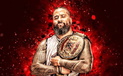 jimmy uso, 4k, luces de neón rojas, wwe, creativo, luchador americano, jonathan solofa fatu, jimmy uso con cinturón, nxt, fondo abstracto rojo, entretenimiento de lucha libre mundial, luchadores, jimmy uso 4k