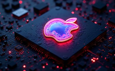logotipo de luz neon da apple, 4k, emblema da maçã, logotipo brilhante da apple, sinal de maçã, logotipo da maçã, fundo azul techno, maçã