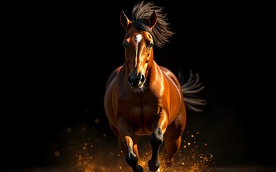 caballo marrón corriendo, 4k, fondo negro, hermosos caballos, caballo marrón, caballos
