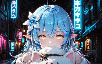 4k, yukihana lamy, noche, calle, youtuber virtual, de cerca, creativo, vtuber, chica con ojos amarillos, manga, canal yukihana lamy, youtuber virtual yukihana lamy