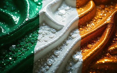 Irish flag, 4K, gemstones, flag of Ireland, crystals, shiny stones, Ireland, creative art, orange gemstones, orange white green crystals, Ireland flag