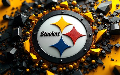 4k, Pittsburgh Steelers 3D logo, bokeh, black yellow 3D background, NFL, american football, Pittsburgh Steelers logo, Pittsburgh Steelers emblem, american football team, Pittsburgh Steelers