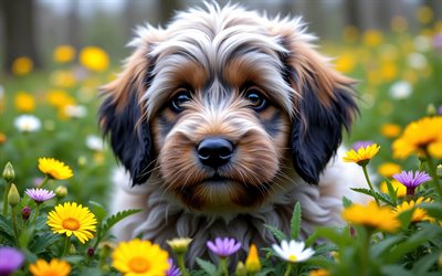 4k, cachorro de perro pastor bergamasco, de cerca, primavera, bokeh, perros, animales lindos, cachorros, mascotas, perro pastor bergamasco, flores de primavera, cachorro en el césped