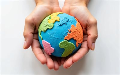 Plasticine globe in hands, 4K, Take care of the planet, globe in hands, take care of the Earth, Save Earth, eco concepts, environment, ecology, Earth in hands