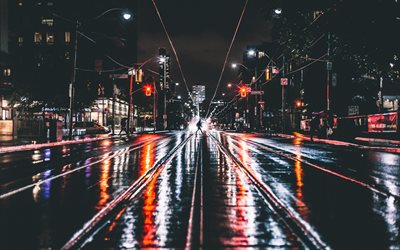 Şehir, gece, sokak, trafik ışıkları, yağmur, San Francisco, ABD