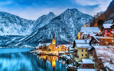 홀스타트, 4k, 겨울, hdr, 오스트리아 도시, 유럽, 아름다운 자연, 오스트리아, 홀스타트 파노라마, hallstatt cityscape