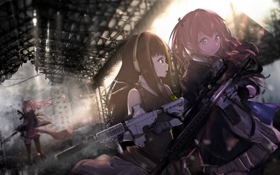 AR-15, M4A1, cityscape, Girls Frontline, SRPG, artwork, manga, Girls Frontline characters, AR-15 Girls Frontline, M4A1 Girls Frontline