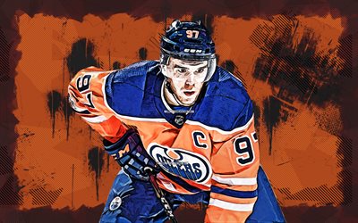 4k, Connor McDavid, orange grunge background, hockey stars, Edmonton Oilers, NHL, hockey, Connor McDavid 4K, grunge art, Connor McDavid Edmonton Oilers